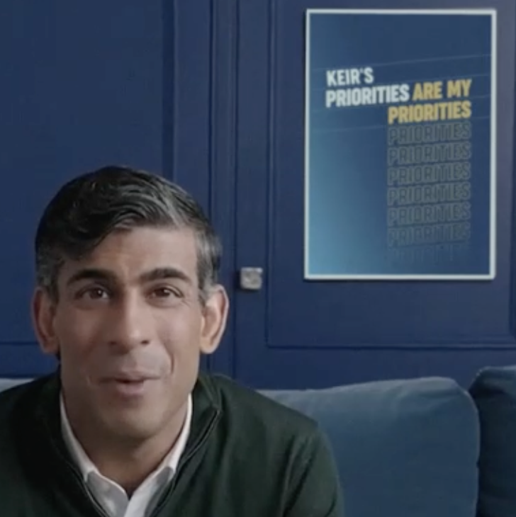 🚨 NEW: The Tories' new Cameo tool has produced a poster behind Rishi Sunak reading 'Keir's Priorities Are My Priorities' Submissions have now been paused Pic @max__young