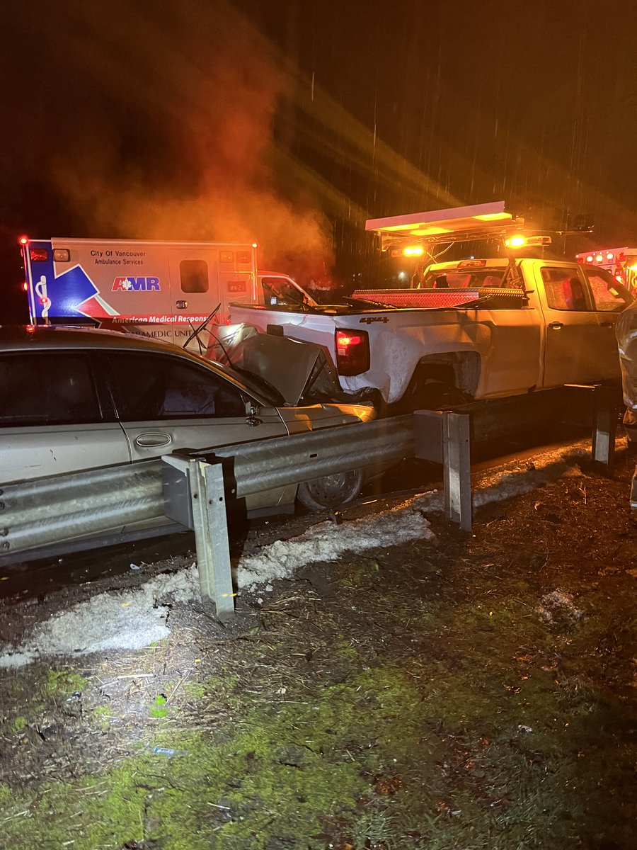wsdot's tweet photo. This weekend we got several messages asking us to fix potholes on I-5 in Vancouver. We tried. We had a team on I-5 Sunday night to make repairs. At 9:40 pm an allegedly inebriated driver crashed into our trucks, sending 6 of our workers to the hospital. (1/5) https://t.co/XRpJeRdRZI