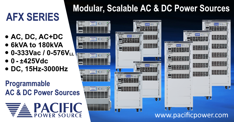 AFX Series programmable power sources from Pacific Power set a new benchmark for performance, versatility, and ease of use. These high-power programmable AC and DC power sources start at power levels of 6kVA to 15kVA per 4U rack mount chassis. This allows power scaling to 180kVA