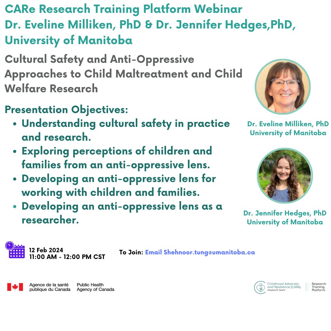 CAReRTP's tweet photo. Dr. Eveline Milliken &amp; Dr. Jennifer Hedges will be presenting a webinar on February 12th , 2024, at 11:00 AM-12:00 PM CST on Cultural Safety and Anti-Oppressive Approaches to Child Maltreatment and Child Welfare Research.
To join please email: Shehnoor.tung@umanitoba.ca https://t.co/puxTSijVNS