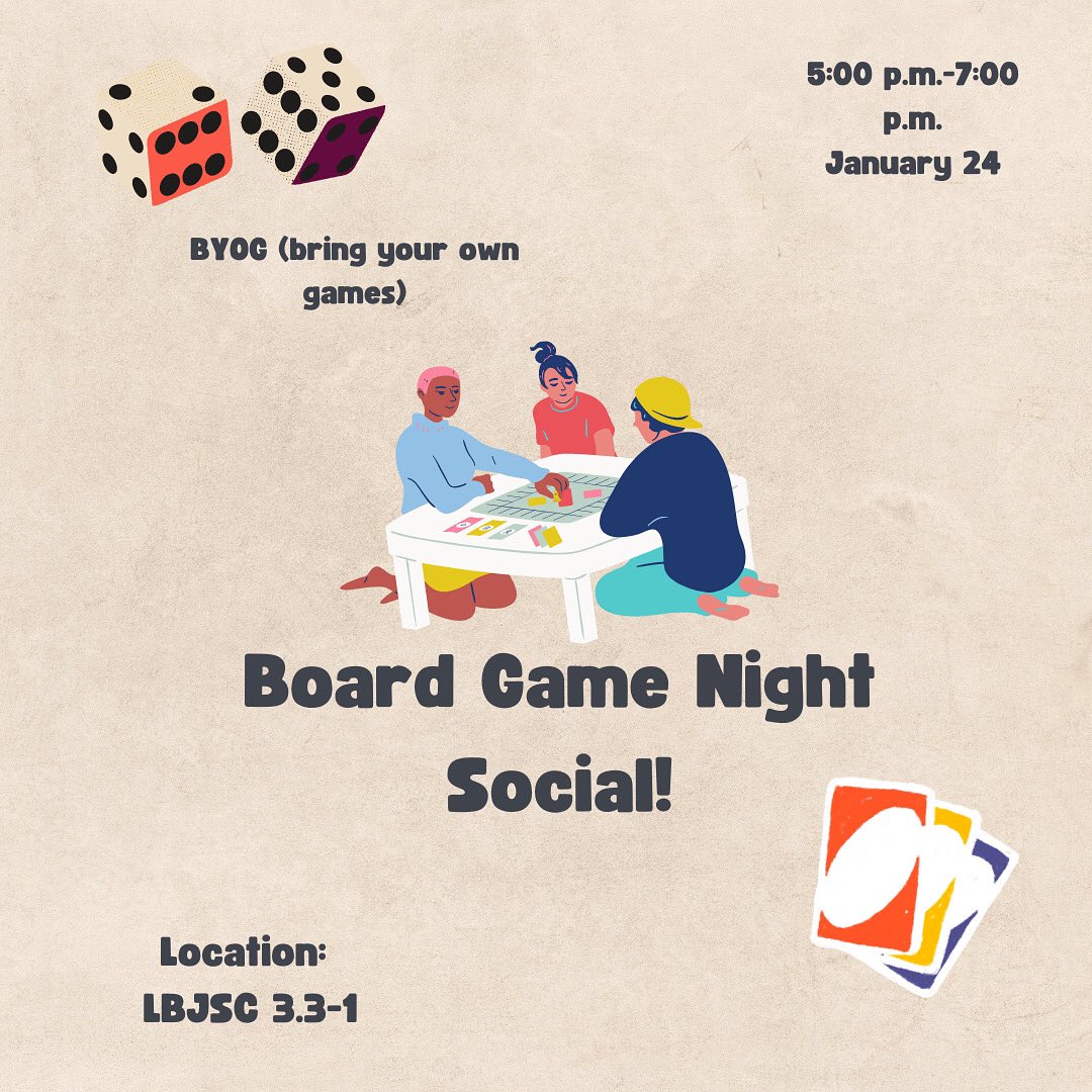 Join us for our first social of 2024!🎲 Feel free to bring your own board games and friends! 
#txst #prssa