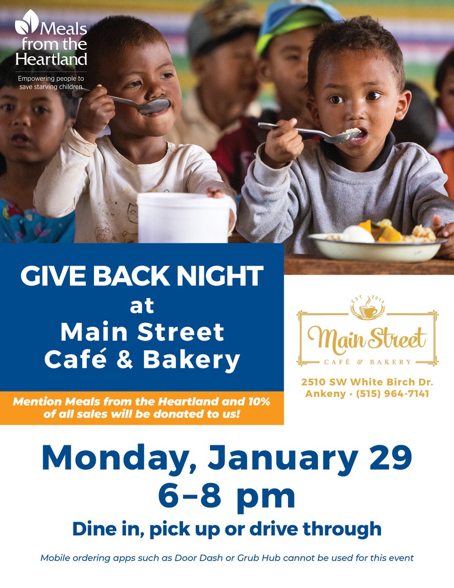 Join us at the DELICIOUS Main Street Café &amp; Bakery in Ankeny next Monday from 6-8 pm. Mention Meals from the Heartland and they will graciously donate 10% to us. Together, we are feeding hungry children &amp; families.
#fundraiser #ankeny #dinner #dontcook