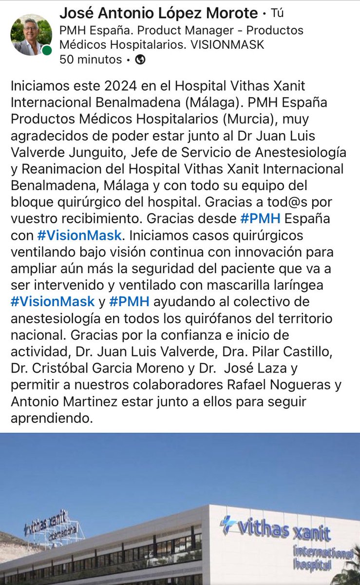 VISIONDSG3MoroT's tweet photo. Inicio #VisionMask Enero 2024. Muchas gracias Vithas Xanit Internacional Benalmádena (Málaga). PMH España junto al equipo de anestesia liderado por el Dr Juan Luis Valverde. Gracias a todo el equipo del bloque quirúrgico. Avanzando e innovando. Ventilando bajo visión continua VLM https://t.co/jDCiOxXj9e