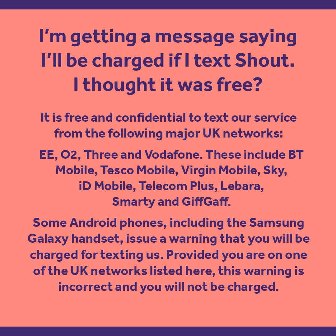 MHI_Charity's tweet photo. We often get asked questions about our text service and how it works, so we're sharing these FAQs for anyone who needs them.

For more info about how Shout works, head to our website > https://t.co/QmZU1bw5EE https://t.co/eh300Mpne2