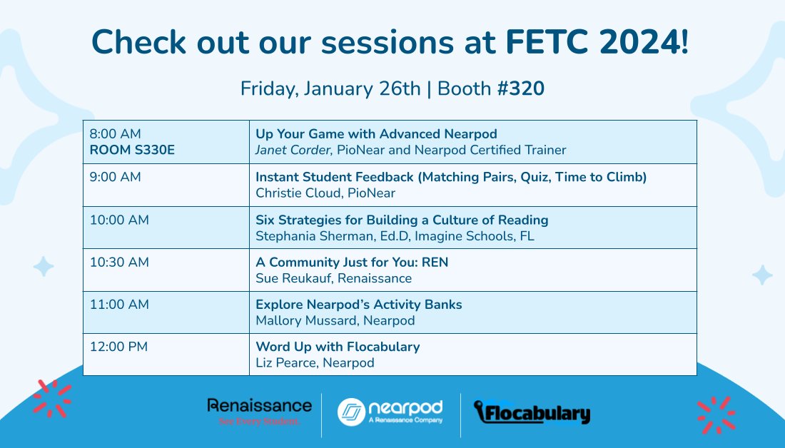 nearpod's tweet photo. Attending #FETC this week?! 🎉 

Nearpod, @Flocabulary, and @RenLearnUS  are gearing up for amazing sessions all week long at Booth #320! 👩‍💻👨‍💻

From live demos to swag you don't want to miss, we've got your student engagement covered. 👏

Check out our #FETC2024 sessions below👇 https://t.co/URVMoJeP7x