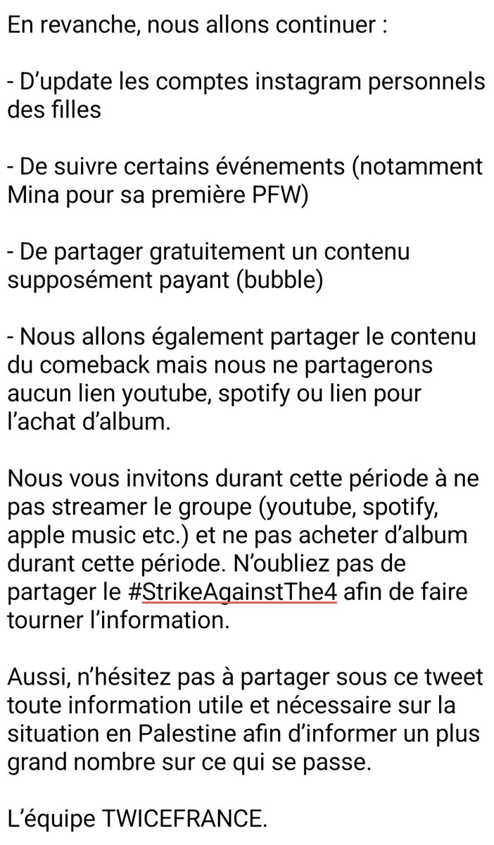 [COMMUNIQUÉ]

" ONCEs, afin de soutenir la cause Palestinienne, la fanbase a décidé de vous partager et de participer au #StrikeAgainstThe4. "

Merci de bien lire ce message jusqu'au bout ⤵️