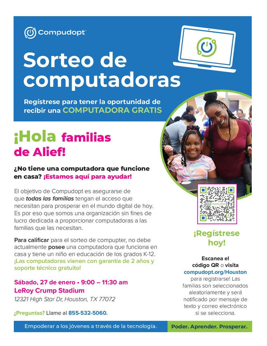 Alief ISD families! Need a new computer? Register today for the chance to win one at the Compudopt Computer Giveaway at LeRoy Crump Stadium on January 27. See flyer for details. Register here: compudopt.org/houston
