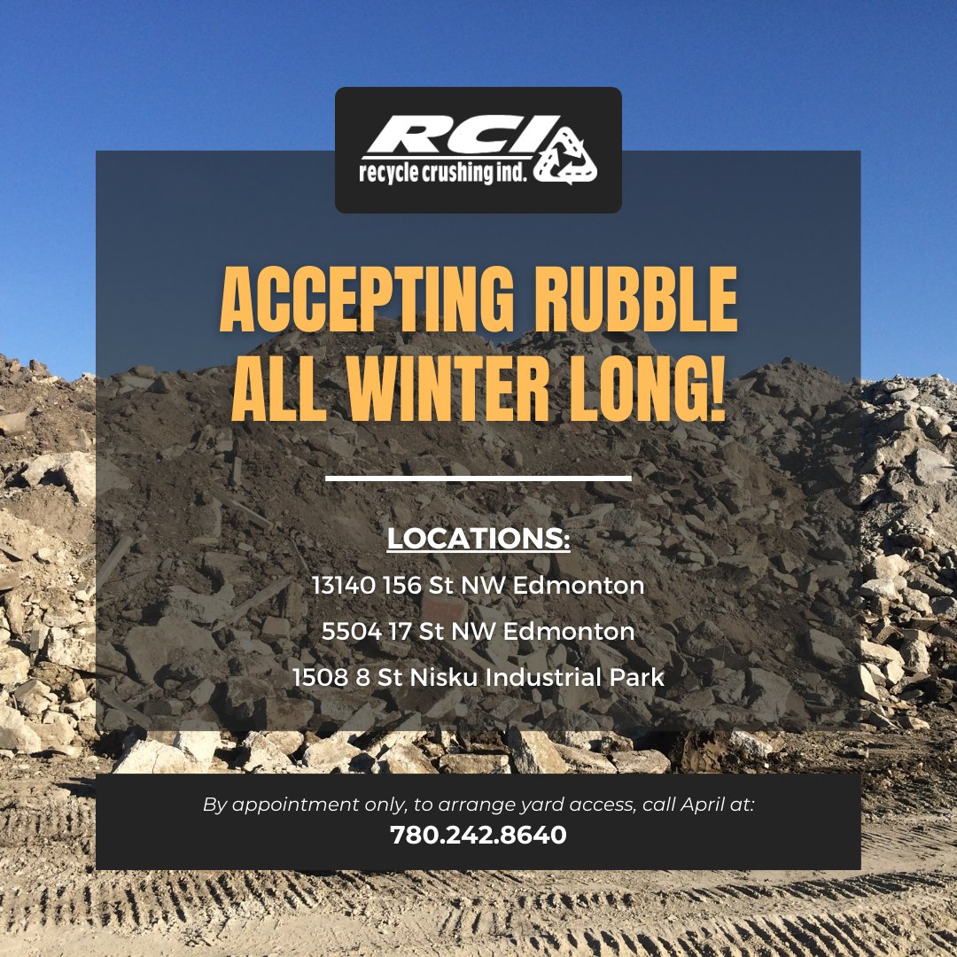 Need to recycle concrete and asphalt rubble? We got you covered all winter long! Call April today to book an appointment to arrange yard access. 780.242.8640 #yeg #yegbusiness #yegconstruction #yeglocal #yegcommunity #alberta #canadianbusiness #edmonton #yegbuilders