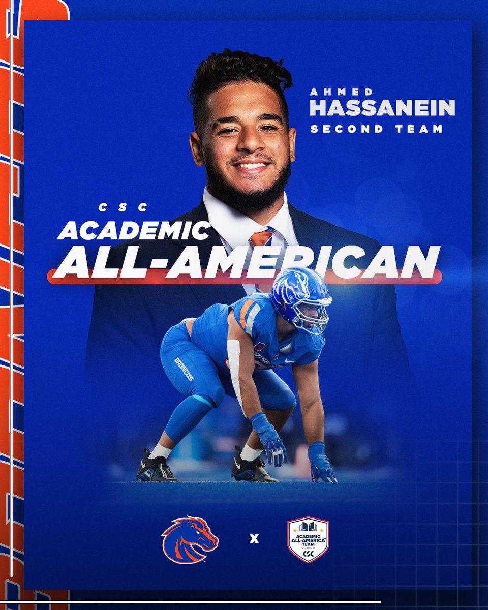 𝘼𝙘𝙖𝙙𝙚𝙢𝙞𝙘 𝘼𝙡𝙡-𝘼𝙢𝙚𝙧𝙞𝙘𝙖𝙣 📚🏈 Ahmed Hassanein has earned Second Team Academic All-America honors from @CollSportsComm ‼️ 📰: boi.st/495sOOx #BleedBlue x @A_Hassanein91