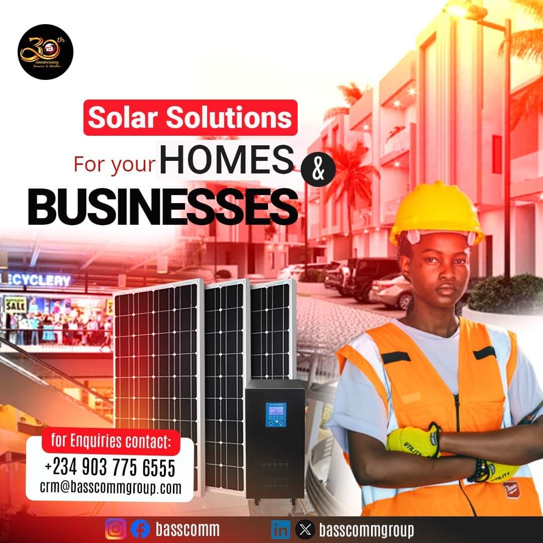 Contact crm@basscommgroup.com or call: 09037756555 to get a quote. 

#BASSCOMM
#basscommNG
#solarsolutions
#solarhomesolution
#solar
#basscommnigeria