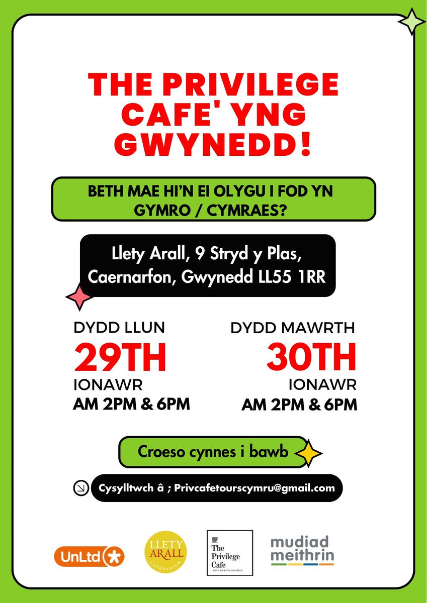 Llety Arall, Caernarfon (@lletyarall) on Twitter photo Rydyn yn falch o gyhoeddi bydd
<a href="/privilegecafe_/">The Privilege Cafe</a>
gyda Mymuna Soleman yng Nghaernarfon ar Ionawr 29-30. Gallwch gofrestru yma: forms.office.com/e/UGs5iPENrQ
#hil #hiliaeth #gwrthhiliaeth #cymraeg #caernarfon Rydyn yn falch o gyhoeddi bydd
<a href="/privilegecafe_/">The Privilege Cafe</a>
gyda Mymuna Soleman yng Nghaernarfon ar Ionawr 29-30. Gallwch gofrestru yma: forms.office.com/e/UGs5iPENrQ
#hil #hiliaeth #gwrthhiliaeth #cymraeg #caernarfon