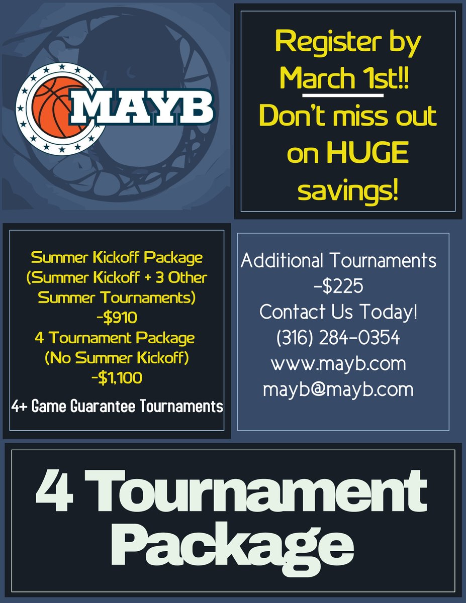 Dive into MAYB Summer! Our Summer schedule is out now! 🏀 $910 for 3 Tournaments + June 7-9 Kickoff. Extra tournaments $225 (Nationals $315 with Package). Join 1,000+ teams at MAYB Nationals: Boys (Wichita, Aug. 1-4), Girls (OKC, Aug. 2-4). Check mayb.com. 🗓️