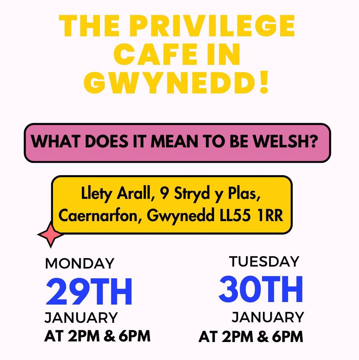 Llety Arall, Caernarfon (@lletyarall) on Twitter photo We are thrilled to announce that
<a href="/privilegecafe_/">The Privilege Cafe</a>
with Mymuna Soleman will be held at Llety Arall on 29-30 January. Come to listen and have courageous conversations about identity. Please register here: forms.office.com/e/UGs5iPENrQ
#race #racism #privilege #equity #antiracism We are thrilled to announce that
<a href="/privilegecafe_/">The Privilege Cafe</a>
with Mymuna Soleman will be held at Llety Arall on 29-30 January. Come to listen and have courageous conversations about identity. Please register here: forms.office.com/e/UGs5iPENrQ
#race #racism #privilege #equity #antiracism