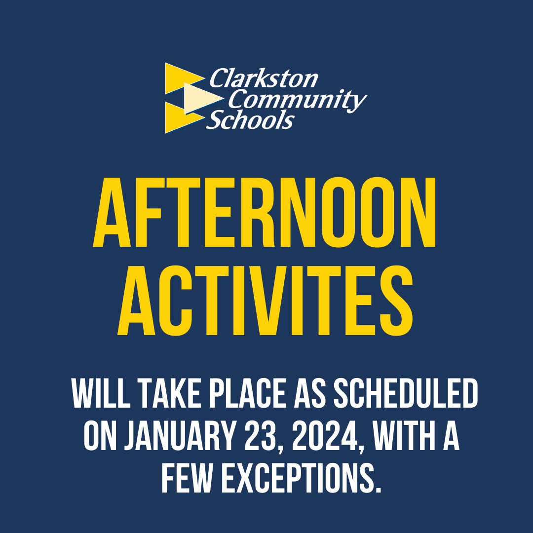 All afternoon/evening activities will proceed as scheduled today. All practices/events are non-mandatory; students will not be penalized if they are unable to attend.

Exceptions include:
-All community education classes 
-The Puberty Information Session for Parents @ CE