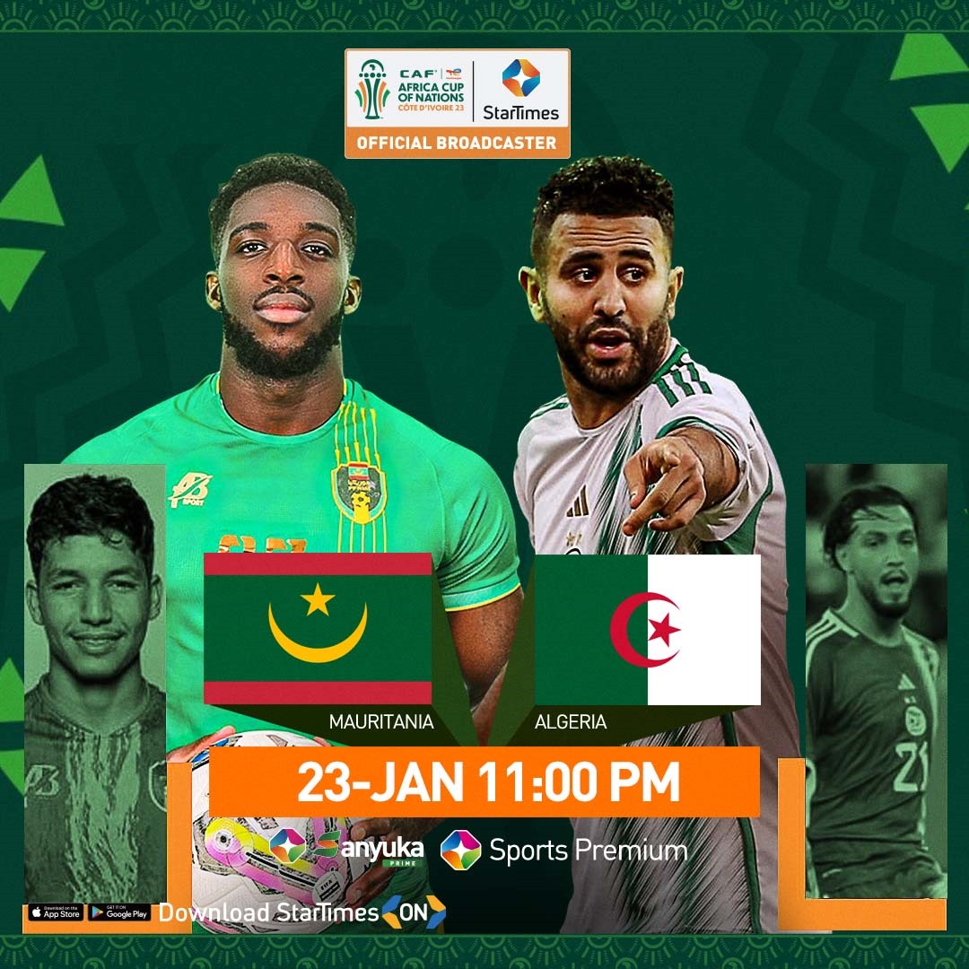 AFCON 2023 is on Today and 
At 11PM Mauritania 🇲🇷  Plays Algeria 🇩🇿 and this match is also live on Startimes.
Simply renew your subscription on Startimes at an affordable price and watch endlessly 
#AFCONFfeAbagirina 
#All52MatchesLiveKulayisi
#AFCON2023