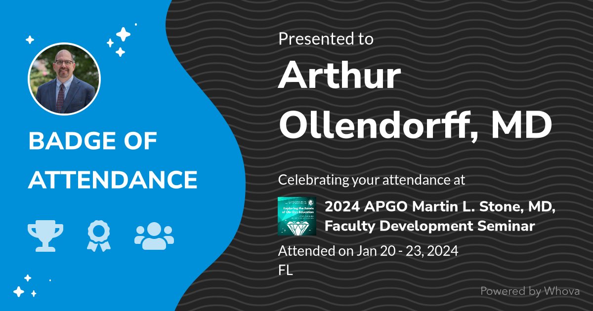 Arthur Ollendorff (@ollendorff) on Twitter photo 🎉 Just had an incredible experience attending 2024 APGO Martin L. Stone, MD, Faculty Development Seminar! 🎉 #2024FDS - via #Whova event app 🎉 Just had an incredible experience attending 2024 APGO Martin L. Stone, MD, Faculty Development Seminar! 🎉 #2024FDS - via #Whova event app
