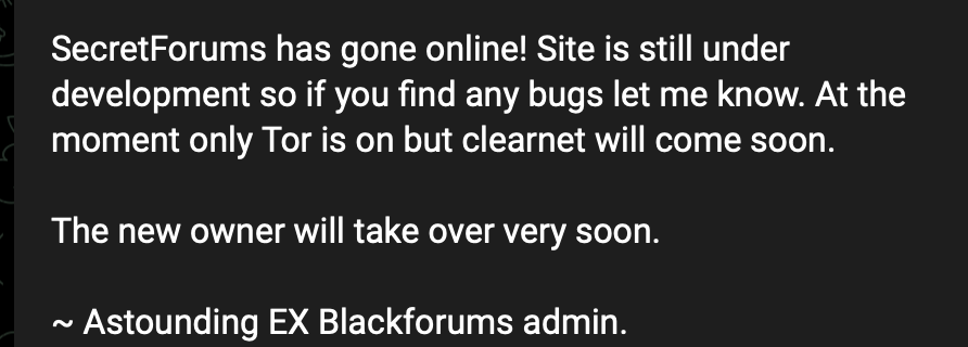 FalconFeedsio's tweet photo. Another Databreach forum goes online with the name Secret Forums in Darkweb.

#Threatintel #Darkweb https://t.co/VCyRsDMMHe