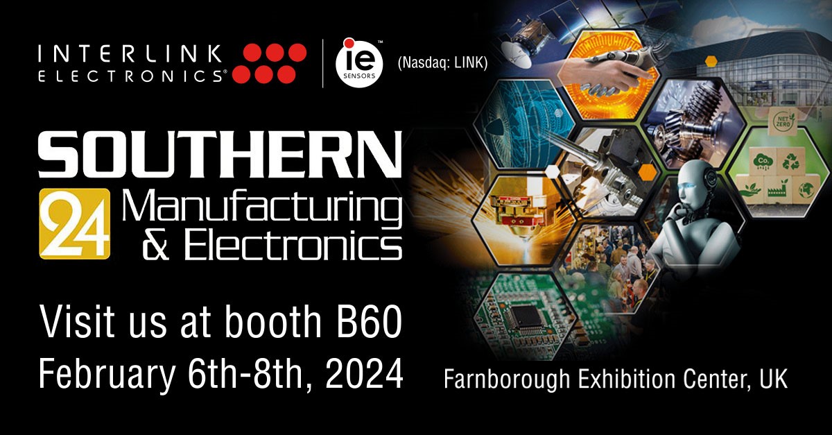 Interlink's tweet image. Interlink Electronics is thrilled to announce that we will be exhibiting at the Southern Manufacturing and Electronics show from February 6th – February 8th. Come visit us at booth B60 #Nasdaq #printedelectronics #sensors #growth #aquisitions #technology