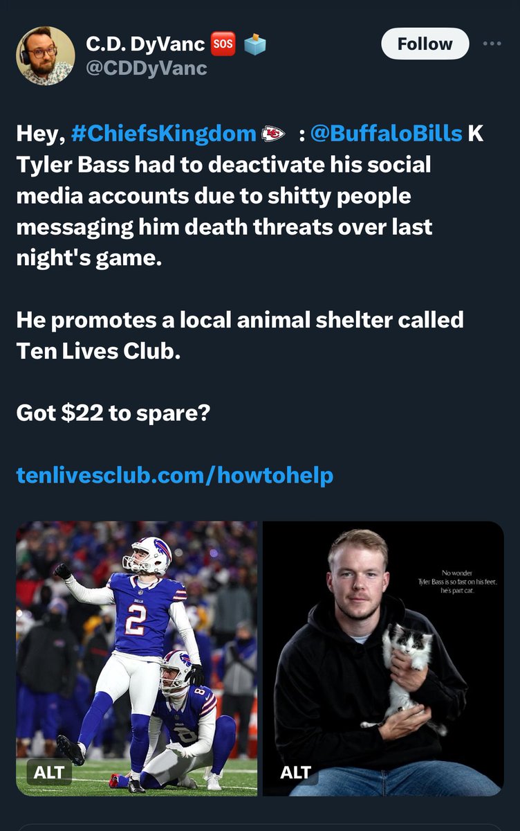 perfectlyfine89's tweet photo. Hey Swifties! So the Bills kicker clearly had a bad day on Sunday but we all have bad days and absolutely no one deserves the threats he was receiving. 

✨So here’s where we can come into play! He supports a local cat rescue in NY and they rely solely on donations! 

If you have any extra $$ and want to show some swiftie love too, here’s where you can do so! 

(It’s also Olivia’s birthday so what better way to honor one of our fav cats 🫶🏼)

https://t.co/78AnnvehLU