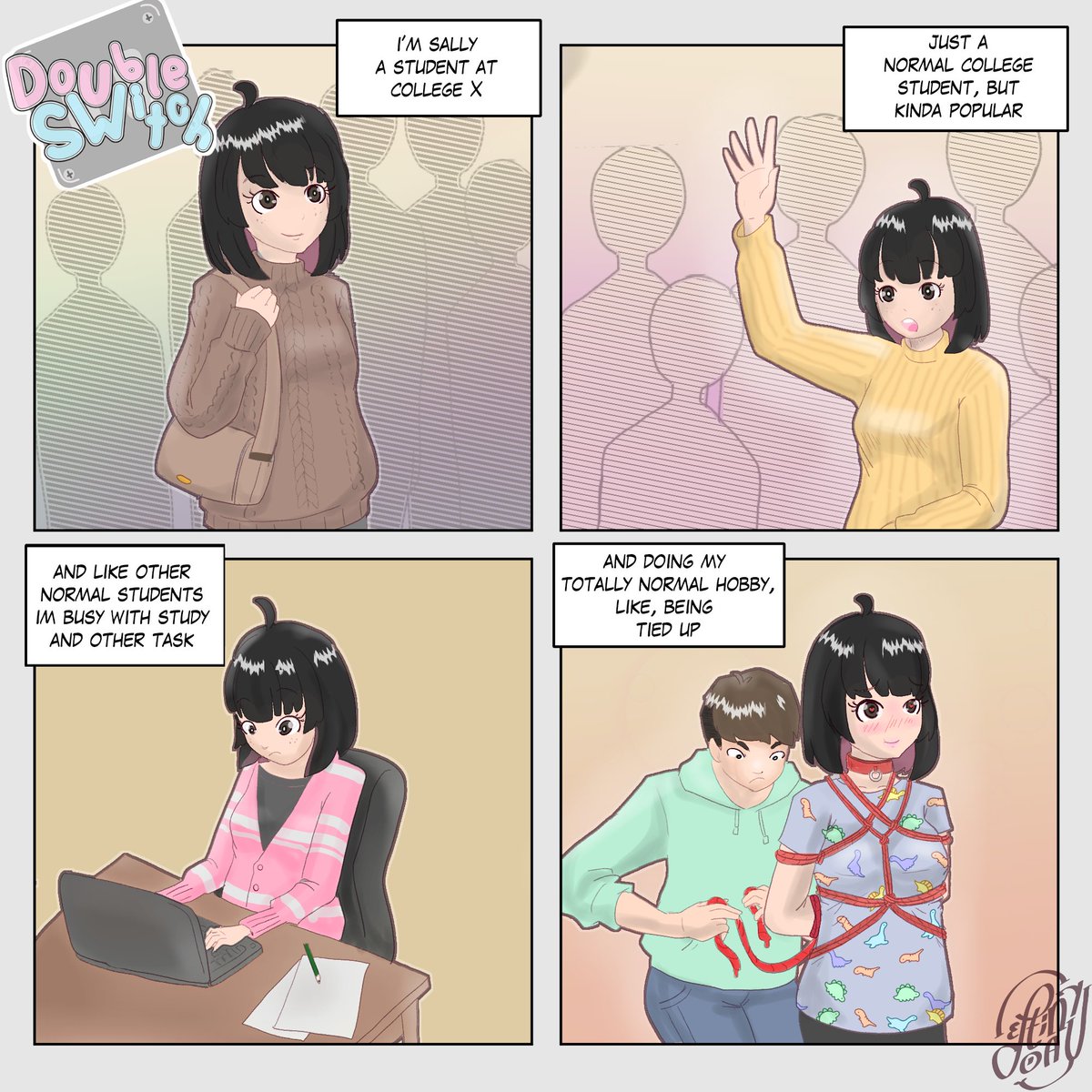 deptionary's tweet image. made this comic about shibari and BDSM, titled Double Switch as both main characters are switch
this is the first MC, Sally
a normal girl with normal hobby

#shibari #bdsm #comic
