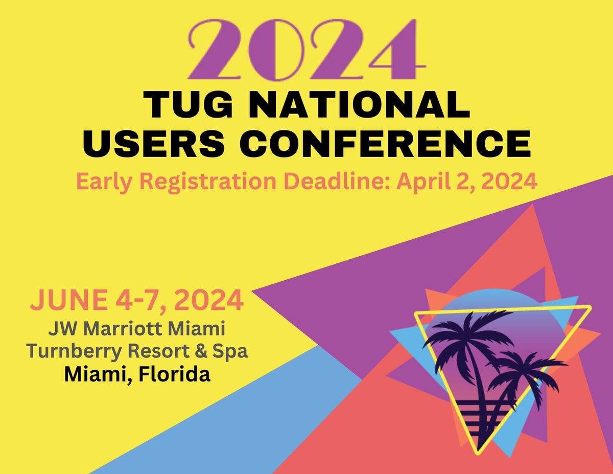 We can't wait to see everyone in Miami, FL for the 2024 TUG National Users Conference! Join TUG for 4 days filled with education &amp; networking opportunities!

If you have not already, register before prices increase!

Register here: tugweb.com/mpage/2024_Con…