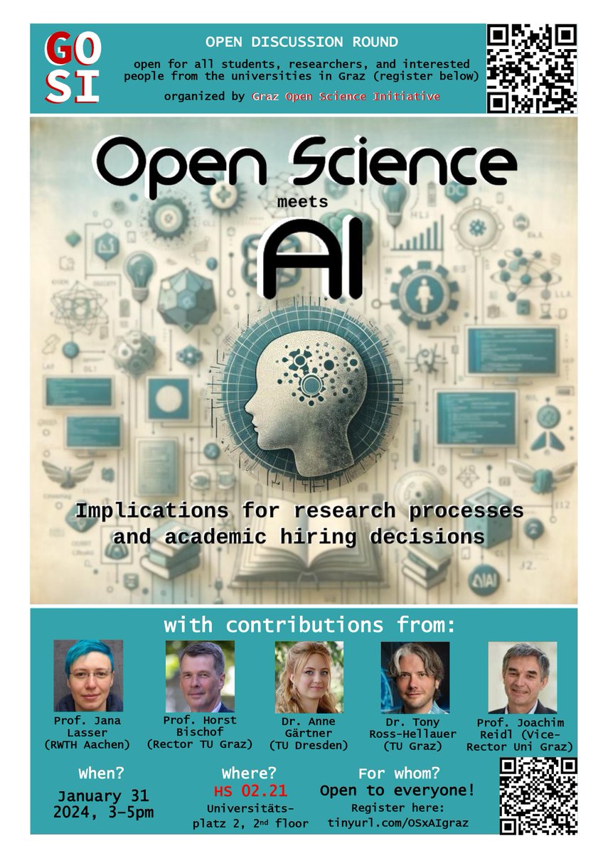 Graz Open Science Initiative (@grazopenscience) on Twitter photo 🚨 Event alert 🚨
On Jan 31, we're hosting a discussion round on Open Science X AI at <a href="/UniGraz/">Uni Graz/University of Graz</a>. <a href="/janalasser/">Jana Lasser</a>, <a href="/tonyR_H/">Tony Ross-Hellauer</a>, Anne Gärtner, Horst Bischof, and Joachim Reidl will join us. There are only a few seats left so be sure to sign up soon: tinyurl.com/OSxAIgraz 🚨 Event alert 🚨
On Jan 31, we're hosting a discussion round on Open Science X AI at <a href="/UniGraz/">Uni Graz/University of Graz</a>. <a href="/janalasser/">Jana Lasser</a>, <a href="/tonyR_H/">Tony Ross-Hellauer</a>, Anne Gärtner, Horst Bischof, and Joachim Reidl will join us. There are only a few seats left so be sure to sign up soon: tinyurl.com/OSxAIgraz
