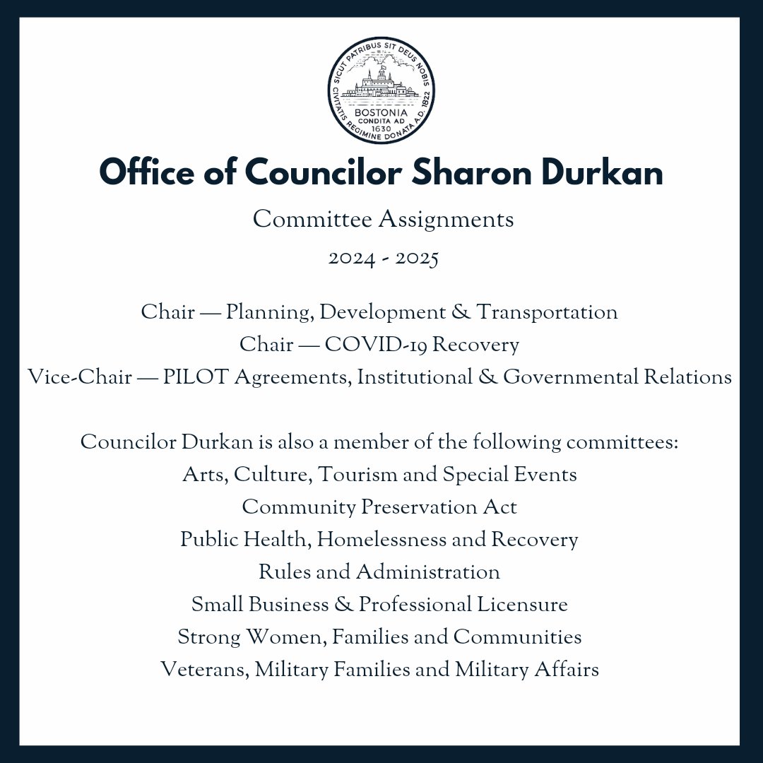 Sharon Durkan (@councilordurkan) on Twitter photo Proud to announce my <a href="/BOSCityCouncil/">Boston City Council</a> committee assignments for the 2024-2025, including as chair of Planning, Development and Transportation!
Excited to get into this committee work + work with all of my colleagues on our shared areas of interest. Proud to announce my <a href="/BOSCityCouncil/">Boston City Council</a> committee assignments for the 2024-2025, including as chair of Planning, Development and Transportation!
Excited to get into this committee work + work with all of my colleagues on our shared areas of interest.