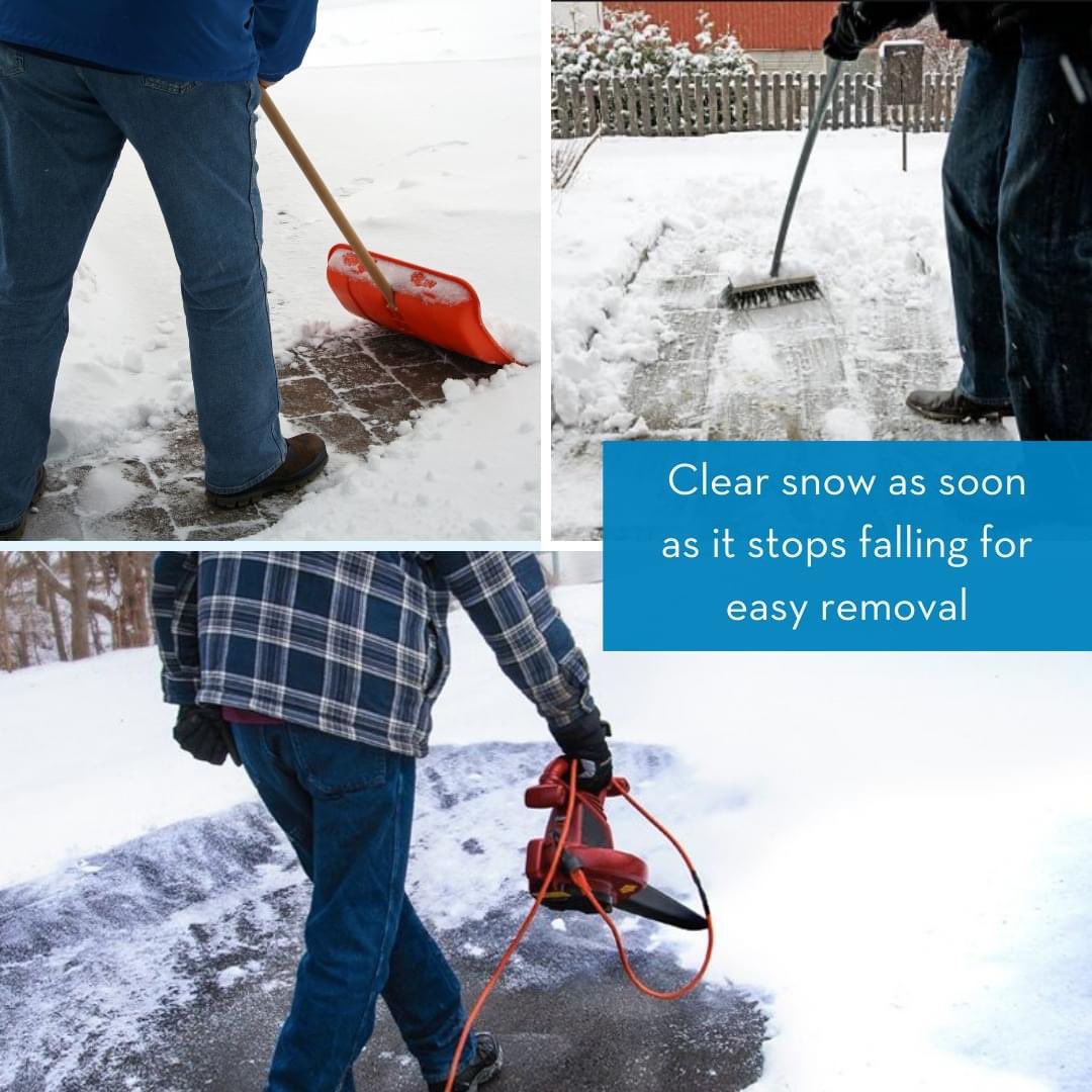 Clear snow right away!❄️ If left unattended snow may freeze to pavement and be harder to remove. This could lead to using salt and deicers that would otherwise be unnecessary. A broom, shovel or even a leaf blower are great tools to remove snow.👍