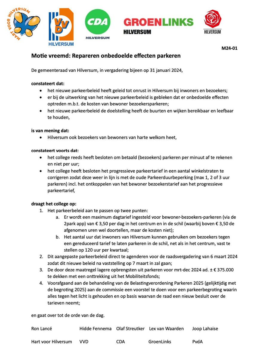 We hebben bij <a href="/VVDHilversum/">De Hilversumse VVD</a> met <a href="/hartvoorhilv/">Hart voor Hilversum</a> <a href="/RonLance/">Ron Lancé</a> in the lead, <a href="/CDAHilversum/">CDAHilversum</a> en @GroenLinks035 hard gewerkt om de onbedoelde effecten voor het bezoekersparkeren van het nieuwe parkeerbeleid in <a href="/GemeenteHsum/">Gemeente Hilversum</a> te fixen. Met steun van <a href="/PvdAHilversum/">PvdA Hilversum</a> is er een ruime meerderheid!