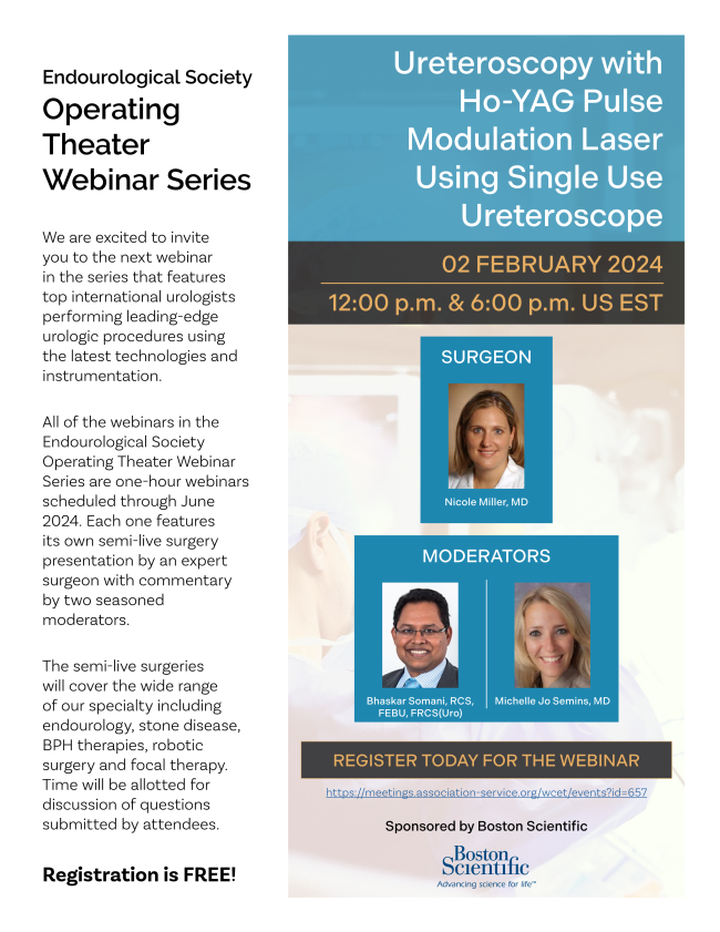 Join us for our Operating Theater Webinar Series, 1-hour semi-live surgery by expert surgeons and moderators! Ureteroscopy with Ho:YAG Pulse Modulation Laser 👥 Nicole Miller @endouro @MSemins 📆 Friday, February 2, 12:00 & 18:00 EST Free registration: meetings.association-service.org/wcet/webinars