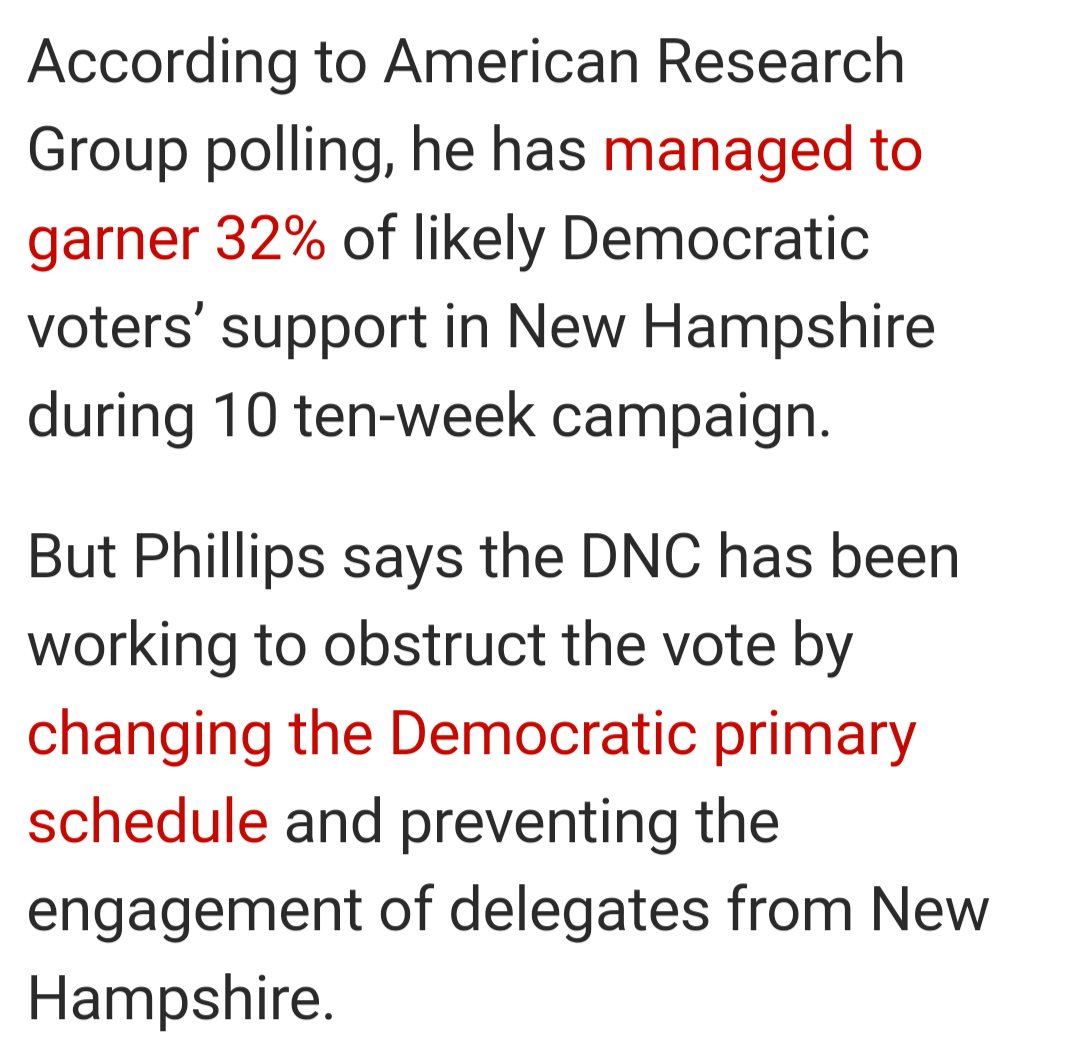 1/3

RT❗

Democrat @RepDeanPhillips:
DNC efforts to quash #Biden competitors ‘a #ThreatToDemocracy’

3 yrs ago some said #Democrats changed voting rules to favor #Biden

Today, ONE OF THEIR OWN, primary contender #DeanPhillips, says they're at it again

+ NH Atty Genl AGREES!🔽