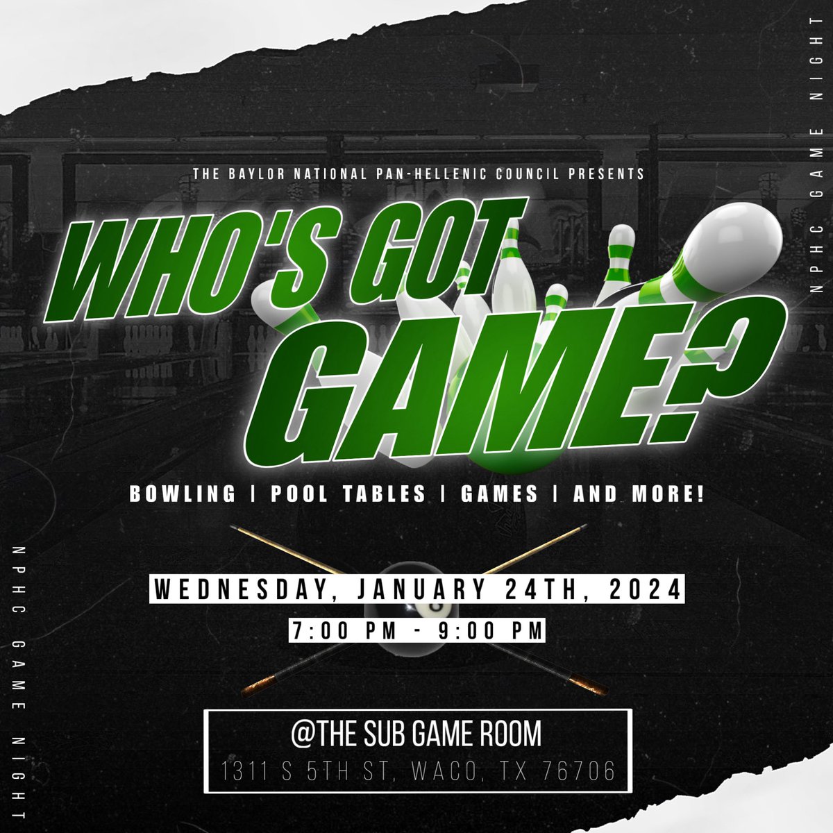 Who’s got game???? Tomorrow night bring your A-game as we welcome everyone to come to out to our NPHC Week Game Night! Bring your friends and your best skills as we meet for a time of fellowship and fun!
