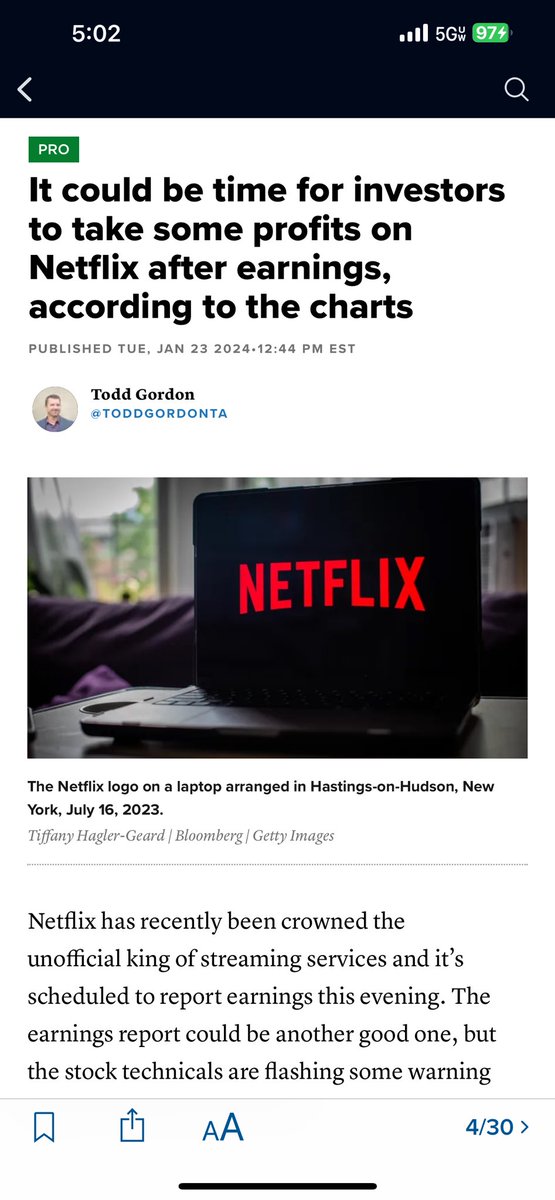 ToddFGordon's tweet photo. I wrote an article for @CNBCPro talking about concerns with $NFLX heading into earnings. I hold a 3% allocation in my growth model, but was cautious into the report on fundamental valuation, non-participation of rotation within comms sector, and Fib retracement resistance on weekly at $513.  Welp, trading $534 after hours and if defended that’s very constructive. https://t.co/eelmiIC3a0