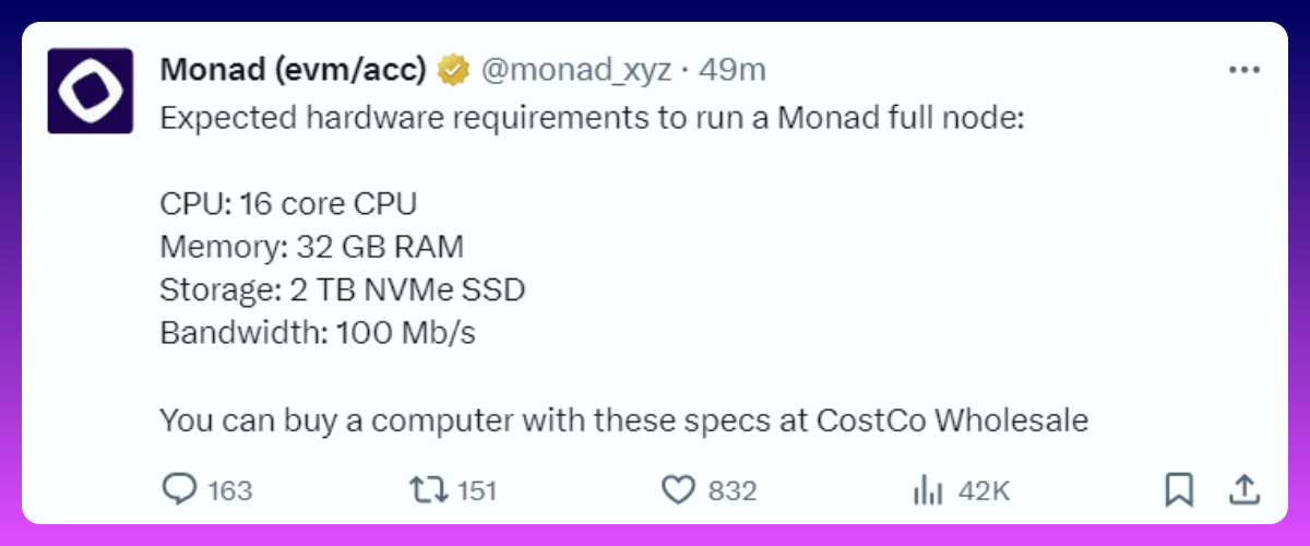 • $SOL noders earned ~$500K
• $TIA noders earned ~$80K

Monad has just unveiled the hardware requirements for the node launch.

This will be our chance to get in early and potentially get $MONAD tokens.

Tomorrow evening, I'll post a thread about actual nodes you can run now,