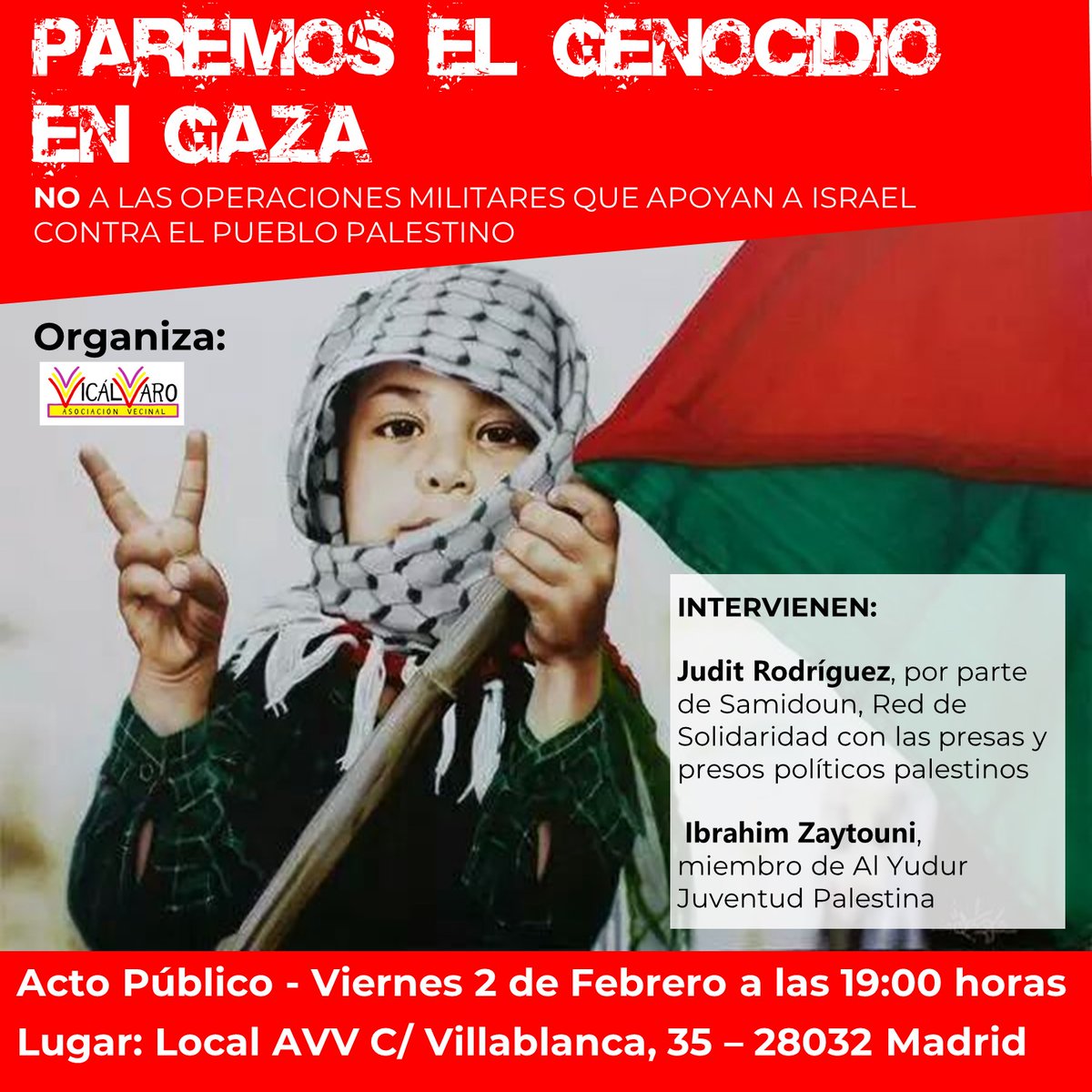 En casi 4 meses de ofensiva en #Gaza el ejército israelí ha asesinado a 25.000 personas, el 80% mujeres y menores. Un #genocidio permitido sobre el que reflexionaremos.

📅  Viernes 2 febrero
🕖 19:00 h
📍 c/ Villablanca, 35

#Palestina #FreePalestine #GazaGenocide 
#NoEnMiNombre