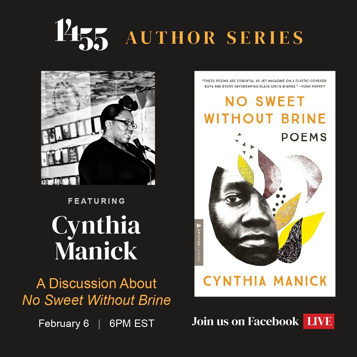 Join us for another captivating session in #1455AuthorSeries 🎤 Host Sean Murphy <a href="/bullmurph/">Sean Murphy</a> will be in conversation with the talented Cynthia Manick <a href="/cmanick/">Cynthia Manick - Poetry & Philanthropy</a> reading #poems from "No Sweet Without Brine."

🗓️ February 6
⏰ 6:00 PM EST
📍 Facebook.com/1455litarts

#poetry #poet