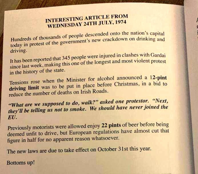 People on about the riots in Dublin look at this from 1974.
Unrest over the plan to implement  12 Pint driving limit😂