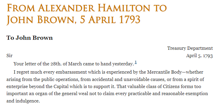 Erbhof's tweet photo. Meanwhile, Hamilton had complete merchant-brain: "I regret much every embarrassment which is experienced by the [merchants]".

For those who don't know: father was a merchant; was taken in by a merchant when orphaned; formative work experience was as a merchant; https://t.co/Ez5npGFiKX