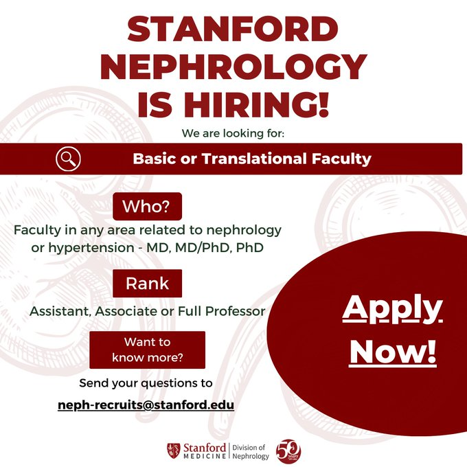 Joy Wu, MD, PhD (@joyywu) on Twitter photo I have the privilege of chairing a faculty search for <a href="/StanfordNeph/">Stanford Nephrology</a>. Seeking a physician scientist or scientist who is a wet lab or translational investigator in #nephrology at all ranks 🫘🧬🧫🔬
Apply here: facultypositions.stanford.edu/en-us/job/4946…
Please share <a href="/womeninnephro/">Women In Nephrology</a> <a href="/NIDDKgov/">NIDDK</a> #NMRI 🙏 I have the privilege of chairing a faculty search for <a href="/StanfordNeph/">Stanford Nephrology</a>. Seeking a physician scientist or scientist who is a wet lab or translational investigator in #nephrology at all ranks 🫘🧬🧫🔬
Apply here: facultypositions.stanford.edu/en-us/job/4946…
Please share <a href="/womeninnephro/">Women In Nephrology</a> <a href="/NIDDKgov/">NIDDK</a> #NMRI 🙏