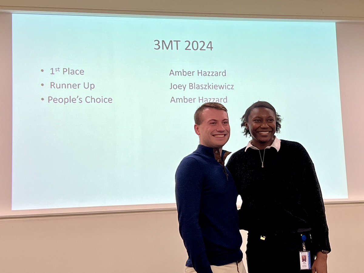What a fantastic group of 3MT contestants today! Congratulations to Amber Hazzard, first place and people’s choice, and Joey Blaszkiewicz, runner up! 🏅