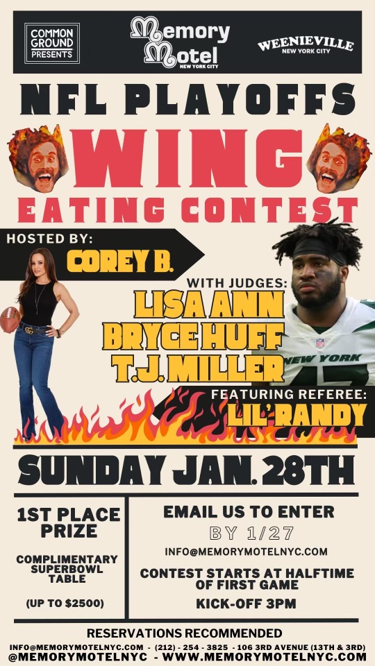 thereallisaann's tweet photo. 🏈🍗 Kick off your Sunday with a wing challenge like no other! Join me at Memory Motel NYC for the NFL Playoffs Wing Eating Contest during Chiefs vs. Ravens halftime. 

Are you up for the challenge? 🍖🔥 #WingChallenge #NFLPlayoffs https://t.co/eClgZGmoyV