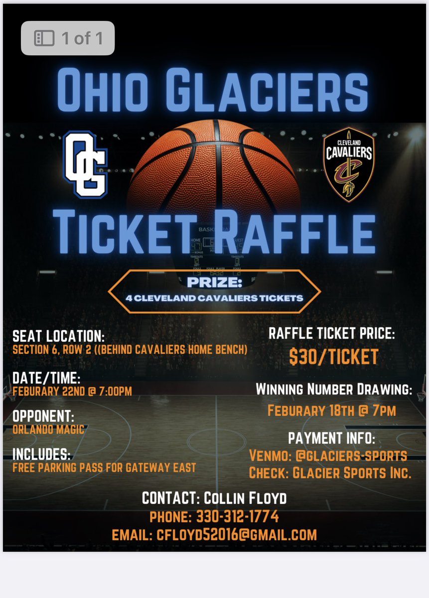 Coach Pitzulo (@brettpitzulo) on Twitter photo Glaciers are raffling off 4 CLEVELAND CAVALIERS tickets for Feb 22 at 7pm against the Orlando Magic. 
These seats are one of a kind being RIGHT BEHIND THE CAVS HOME BENCH with a free parking pass the East gateway! 
Tickets are $30 each and the winner will be drawn Feb 18th! Glaciers are raffling off 4 CLEVELAND CAVALIERS tickets for Feb 22 at 7pm against the Orlando Magic. 
These seats are one of a kind being RIGHT BEHIND THE CAVS HOME BENCH with a free parking pass the East gateway! 
Tickets are $30 each and the winner will be drawn Feb 18th!