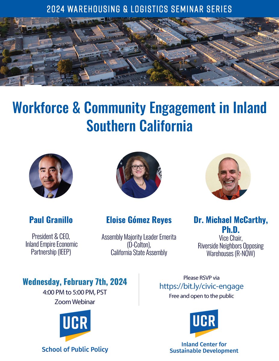 ucrspp's tweet photo. Join @ICSDUCR and #UCRSPP on February 7th for their discussion on the warehousing and logistics sector in the Inland Southern California Region featuring @EGReyesCA, Paul Granillo (IEEP), and Dr. Michael McCarthy (R-NOW). 

Register at https://t.co/yeGXahn9a7! https://t.co/VE2oRyQZ4k