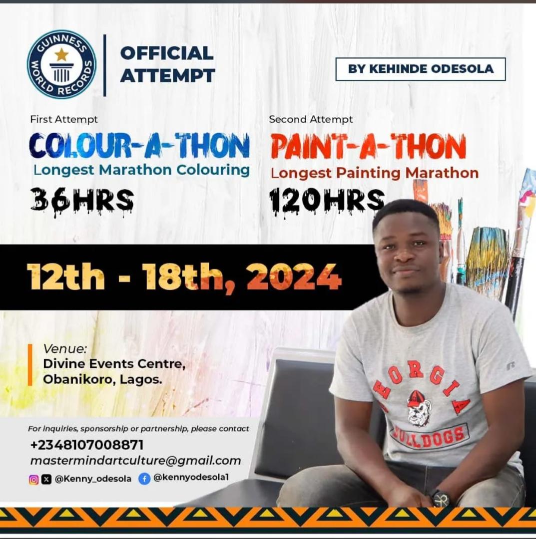 Kenny_odesola's tweet photo. Kehinde Odesola, a Nigerian Artist will be breaking TWO Guinness World Records on February 12 to 18, 2024.
β
Longest Marathon Colouring - 36 hrs
β
Longest Painting Marathon - 120 hrs
Venue: Divine Event Centre, Obanikoro Lagos.
#kennymastermind #paintathon #colourathon @GWR https://t.co/88p1irBj2d