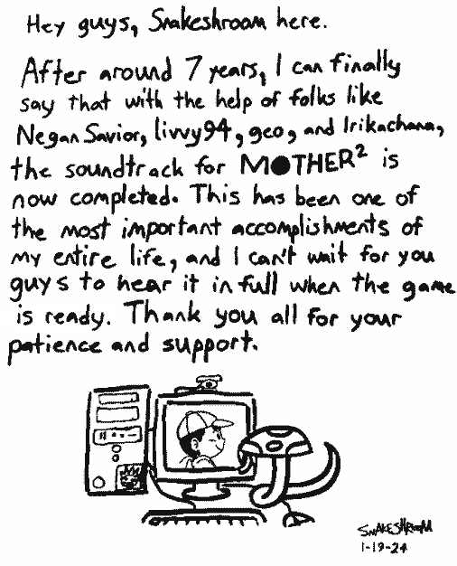 An announcement from Snakeshroom (Lead Music/Sound)