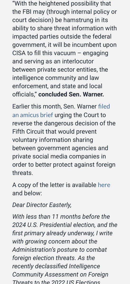 JohnBasham's tweet photo. BREAKING: Leftist Senator @markwarner Who Chairs The Senate Select Committee On Intelligence Is STILL PUSHING THE NARRATIVE RUSSIA INTERFERED In The 2016 Election!
He Just Wrote To #JenEasterly At @CISAgov Wanting The Agency To Step Up Their #Censorship On "Disinformation" https://t.co/1tXE9l4vmw