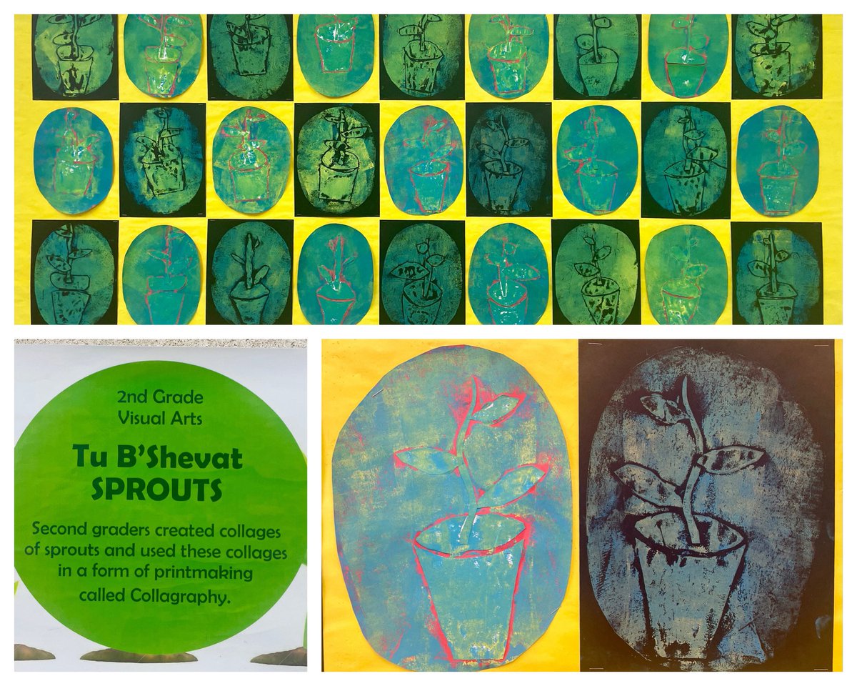 GanzVisualArt's tweet image. 2nd graders celebrating TREES with these collagraphy printmaking Sprouts! #tubshevat #davis2 #arted