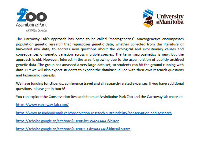 <a href="/ColinGarroway/">Colin Garroway</a> and I are recruiting 2 students. Check out the posting if genomics and conservation motivates you!