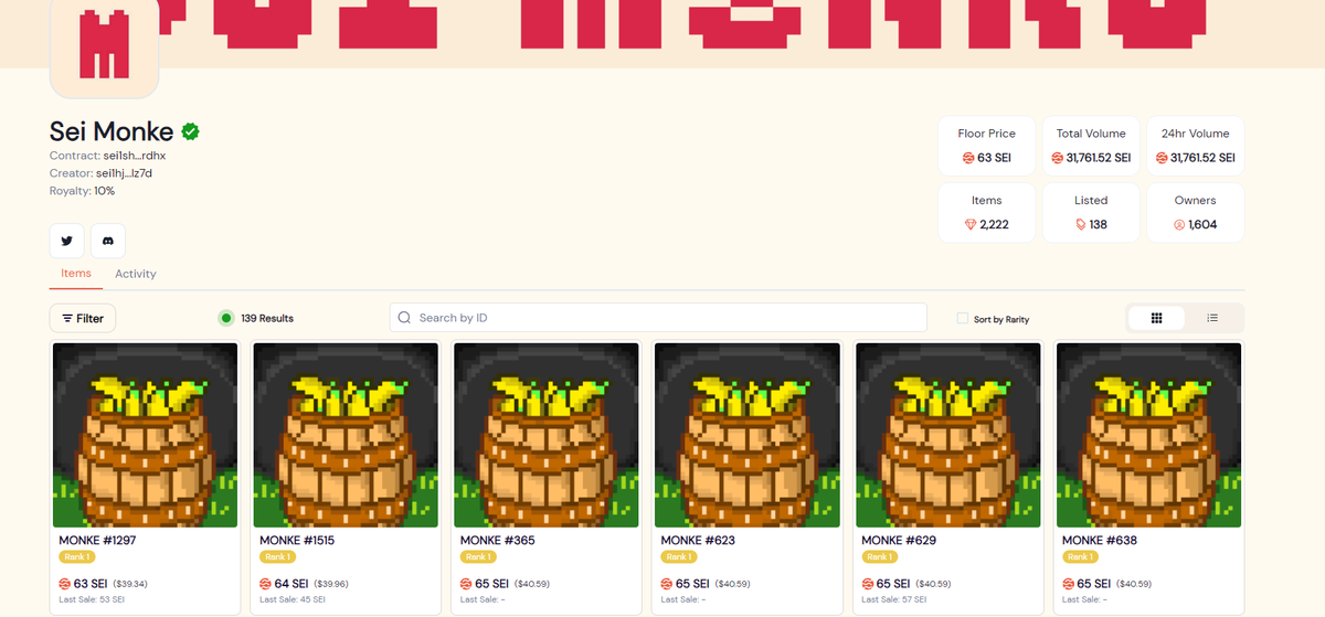 The <a href="/SeiMonkes/">Sei Monkes</a> came out of left field today.

A free mint with not a ton of hype, but definitely interest.

Now a 63 SEI FP with a thin floor - 138 listed.

It urns out there was a lot of demand with 30k volume.

One thing is for sure they're not monkeying around.