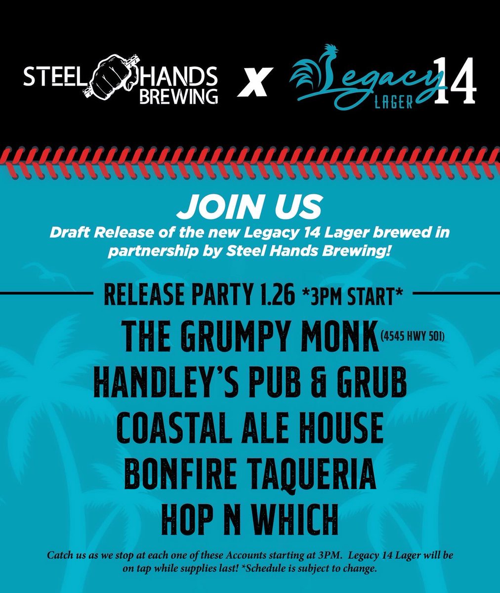 Steel Hands Brewing (@steel_hands) on Twitter photo 🚨ANNOUNCEMENT‼️ We’ve drafted a 🤝 new partnership: @steelhandsbrewing ✖️ <a href="/cculegacy14/">The Legacy 14 Collective</a> stepping up to the plate this FRIDAY, 1.26 🍻
.
🍺 Draft Release Party📍Myrtle Beach 🏖️ Coast where the new ⚾️ “Legacy 14 Lager” , the newest addition to the lineup, will 🚨ANNOUNCEMENT‼️ We’ve drafted a 🤝 new partnership: @steelhandsbrewing ✖️ <a href="/cculegacy14/">The Legacy 14 Collective</a> stepping up to the plate this FRIDAY, 1.26 🍻
.
🍺 Draft Release Party📍Myrtle Beach 🏖️ Coast where the new ⚾️ “Legacy 14 Lager” , the newest addition to the lineup, will